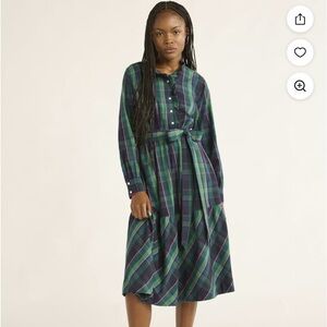 Plaid Long-Sleeve Midi Shirt Dress with Waist Tie - Green/Navy